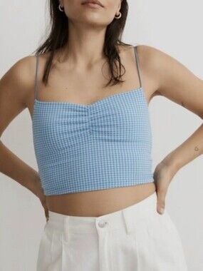 Madewell Light Blue Gingham Print Flex Sweetheart Crop Tank Size Medium